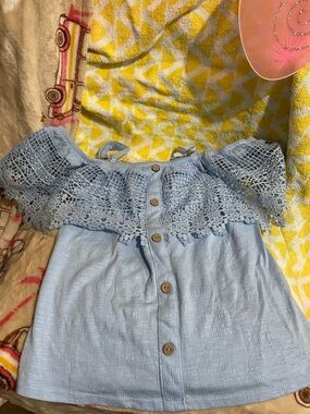 No Boundaries Light Blue Off-Shoulder Crochet Trim Button-Front Top